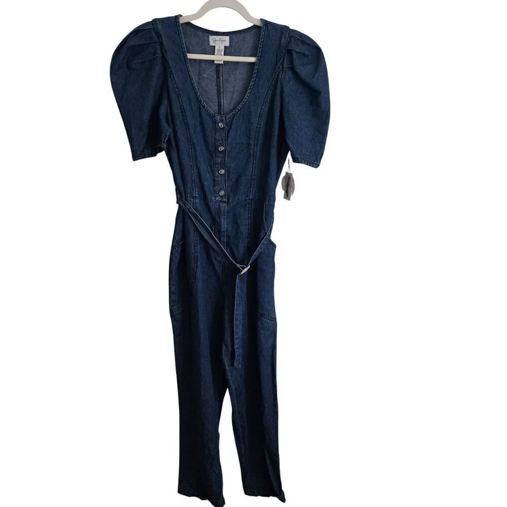 Jessica Simpson NWT Denim Puff Short Sleeve Scoop Neck Belted Jumpsuit Size L